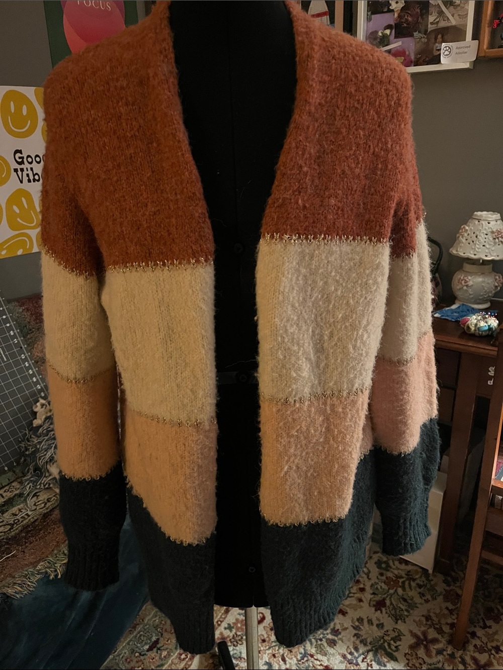 Staccato Colorblock Open-Front Cardigan in Rust, Cream, Peach & Green